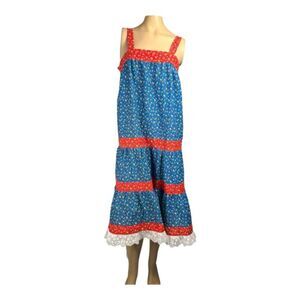Vintage 70s Prairie Sundress – BlueFloral with Red Trim & Lace Hem (SZ: S 10–12)